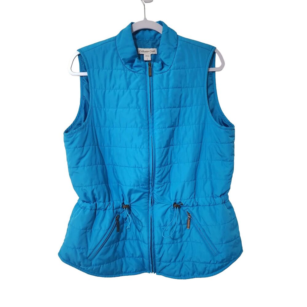 Coldwater Creek Quilted Vest Womens L 14 Blue Sleeveless Adjustable Waist EUC